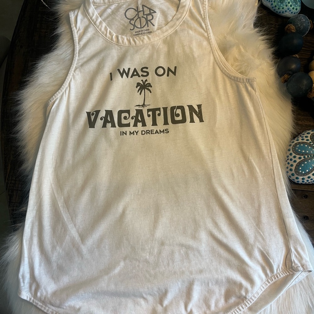 CAD SD R White Graphic Tank - "I Was On Vacation"